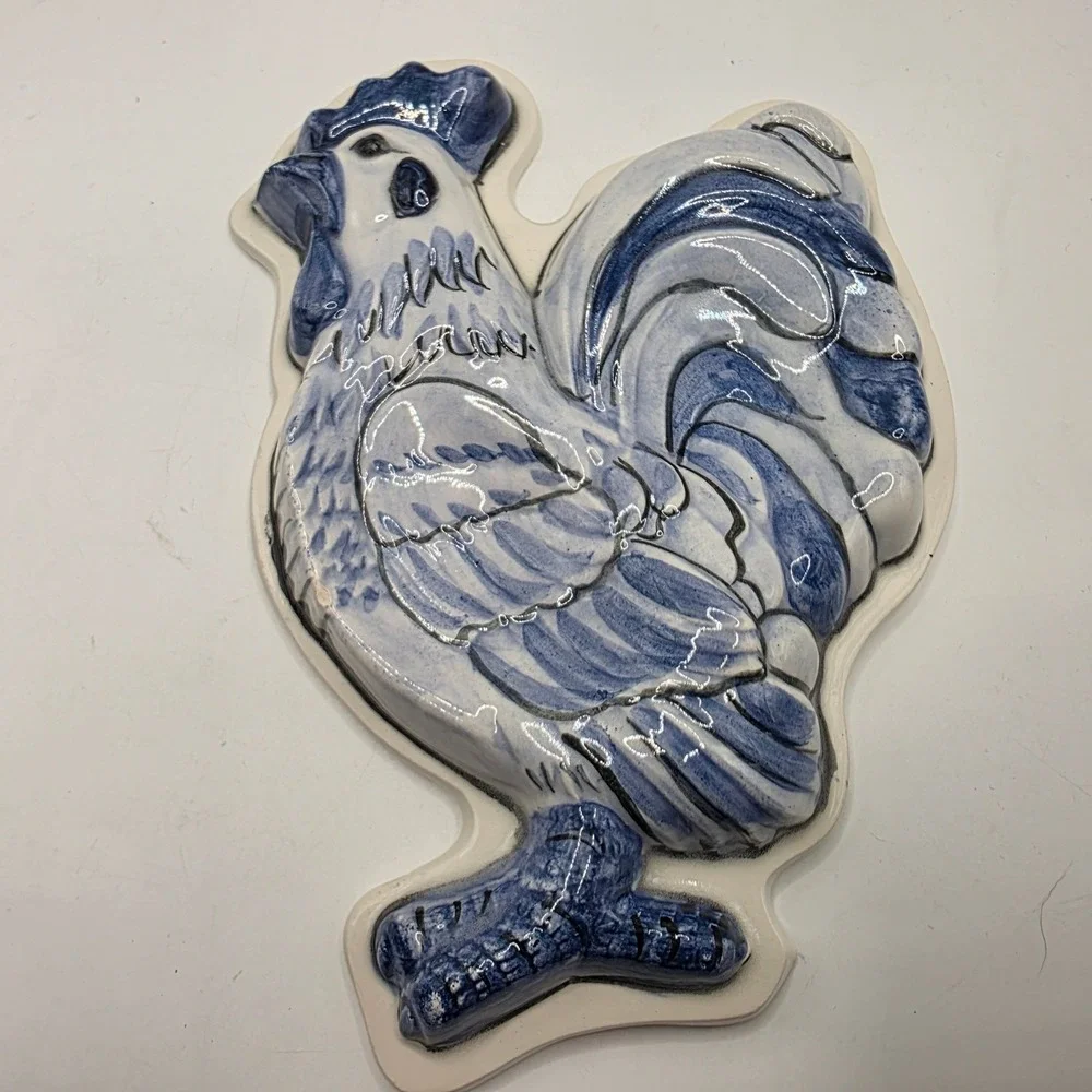 Joni 15 Handcrafted Ceramic Rooster Dual Spoon Rest Blue White Farmhouse Decor